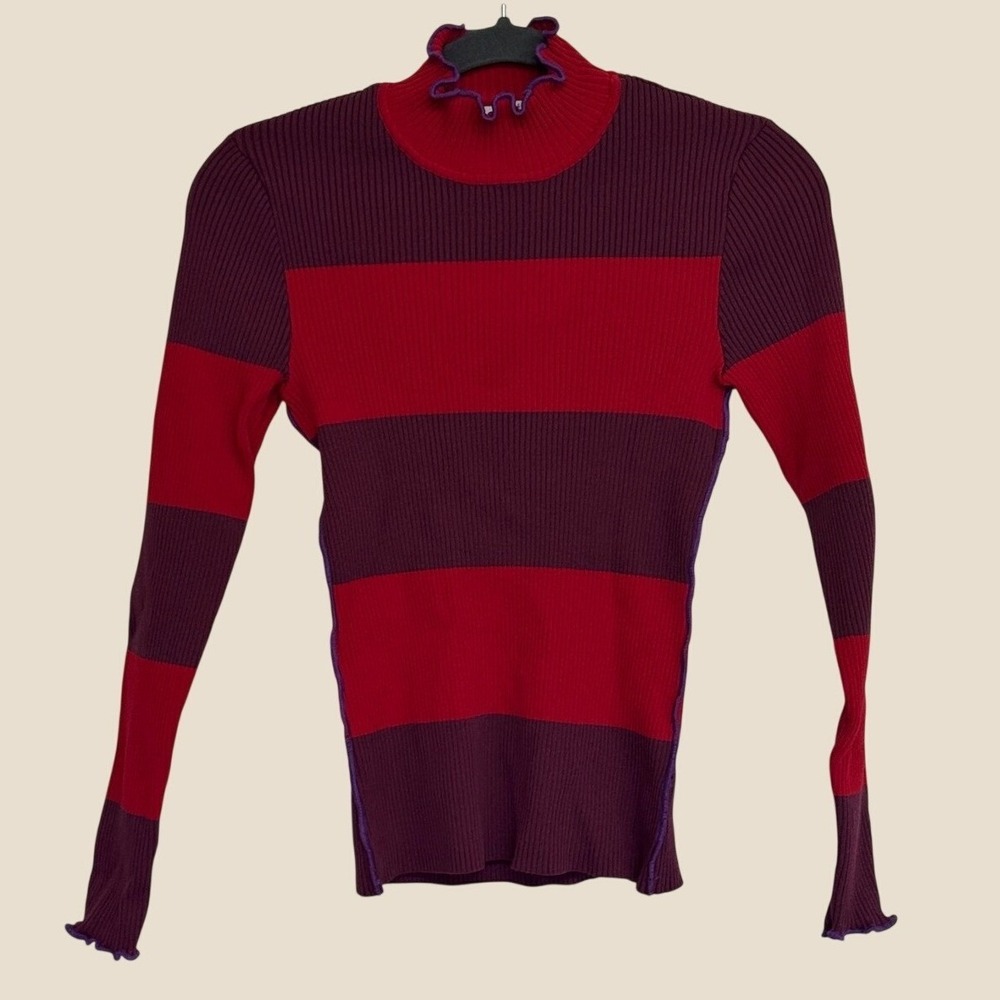 Koche Collective Small Striped Ribbed Turtleneck Sweater‎ in Red and Purple